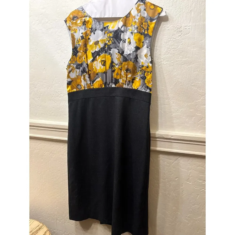 J.Crew Silk Wool Sheath Dress Size 8 Yellow Floral Print Black Skirt Sleeveless